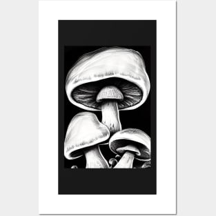 BLACK AND WHITE BUNCH OF MUSHROOMS Posters and Art